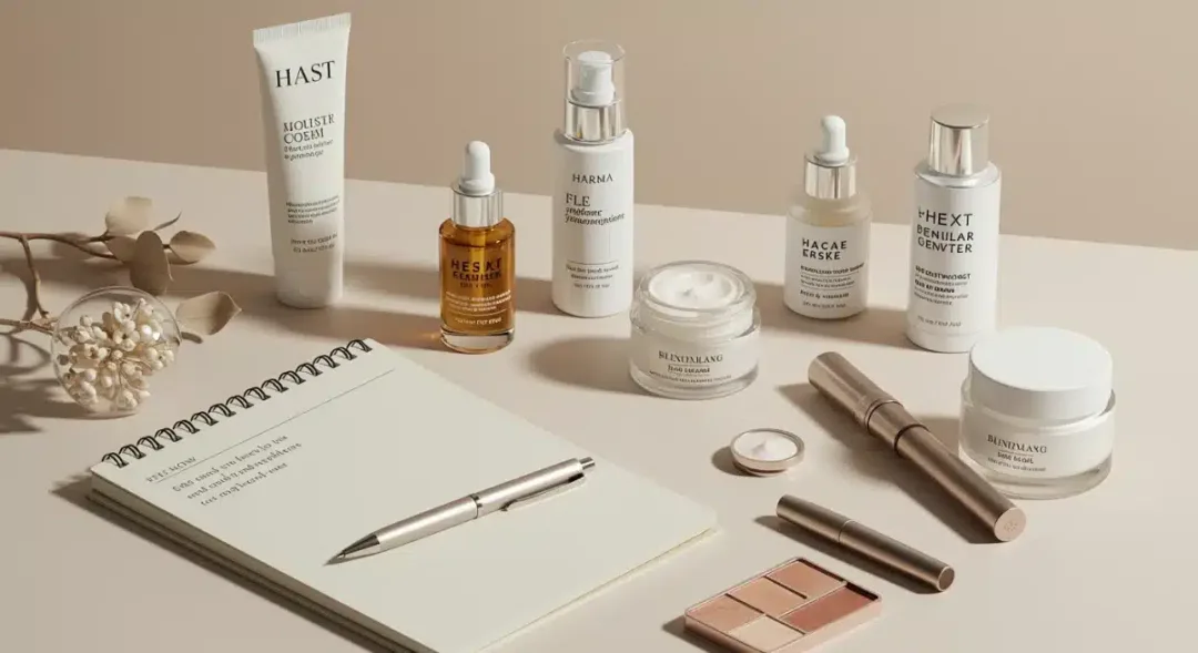 Arrangement of beauty products for a January 2025 product review