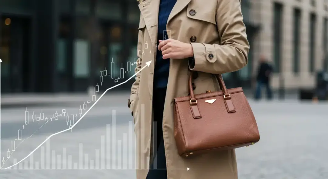 Woman in classic trench coat with luxury handbag, representing high-value fashion investments.