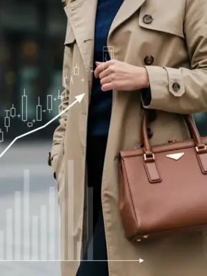 Woman in classic trench coat with luxury handbag, representing high-value fashion investments.