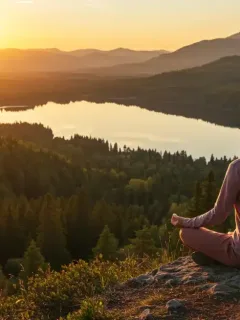 Woman meditating at sunrise on mountain, embracing wellness travel