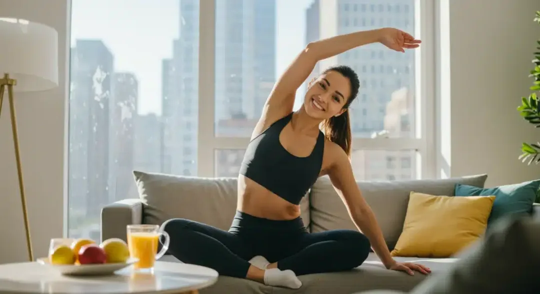 Woman stretching in sunlit apartment, symbolizing an energetic start to a US day.