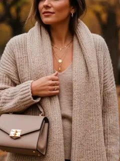 Stylish woman wearing oversized scarf and structured bag, showcasing Fall Winter 2025 accessories