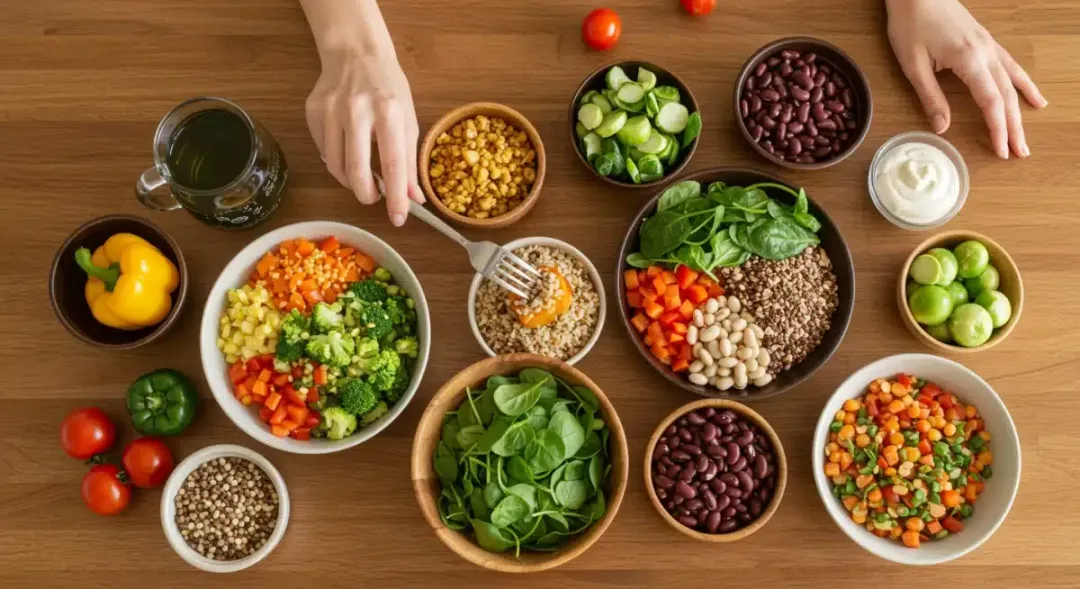 Vibrant plant-based meal with colorful vegetables and whole grains on a wooden table, ready to be enjoyed.