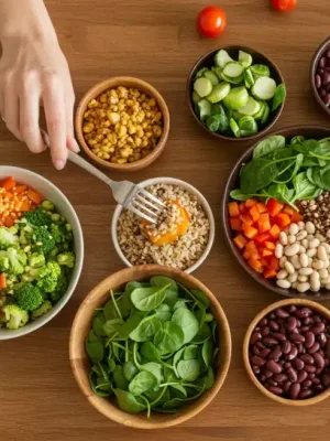 Vibrant plant-based meal with colorful vegetables and whole grains on a wooden table, ready to be enjoyed.