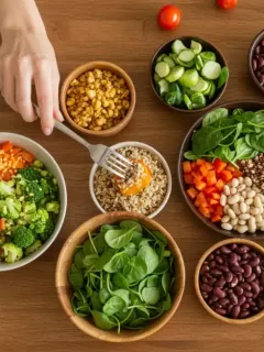 Vibrant plant-based meal with colorful vegetables and whole grains on a wooden table, ready to be enjoyed.