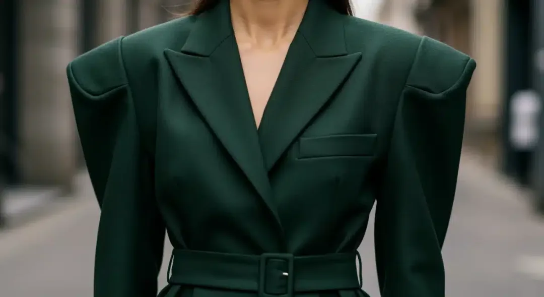 Detail of tailored blazer from 2025 fashion trends, showcasing refined structure and sustainable fabric in an urban context.
