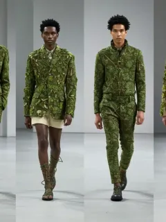 Models showcasing 2025 fashion trends on a runway, featuring tailored suits, green hues, and textured fabrics, symbolizing runway to reality adaptation.