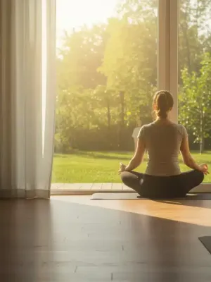 Person meditating in a calm US home, embracing mindful living by March 2025.