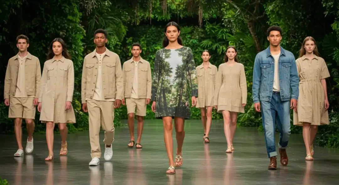 Models showcasing eco-friendly clothing from organic cotton, recycled materials, and upcycled denim on a runway with natural lighting and green foliage.