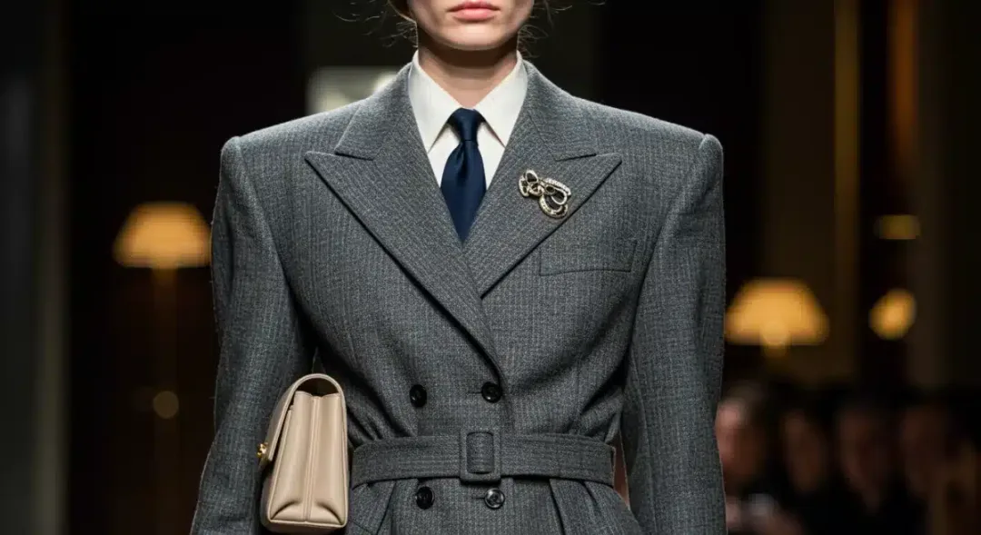 Model in 1940s-inspired suit, blending classic tailoring with modern accessories.