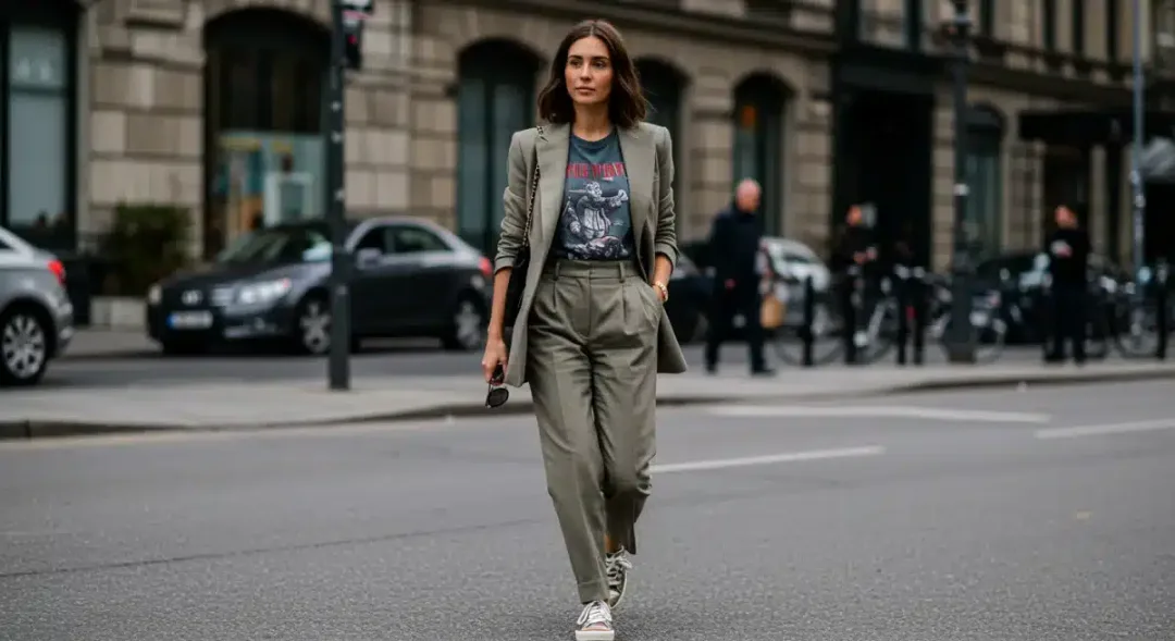 Woman in stylish mix-and-match outfit walking city street