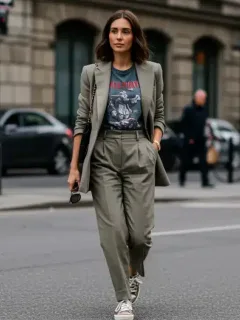 Woman in stylish mix-and-match outfit walking city street