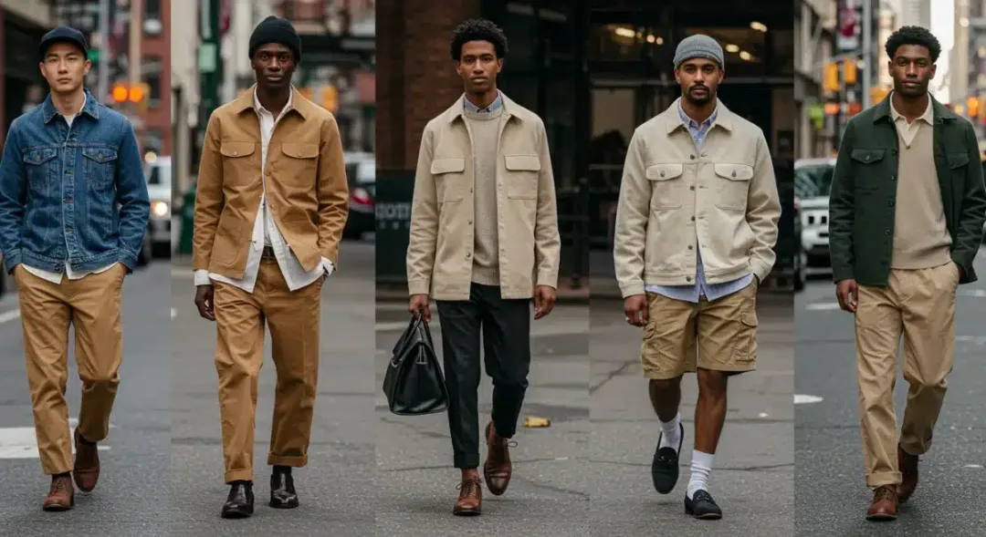 Men in diverse emerging menswear styles for Q1 2025, urban backdrop