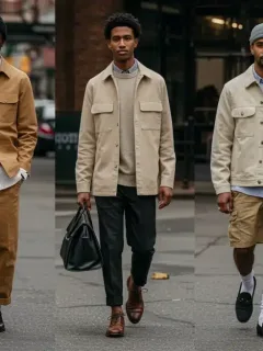 Men in diverse emerging menswear styles for Q1 2025, urban backdrop