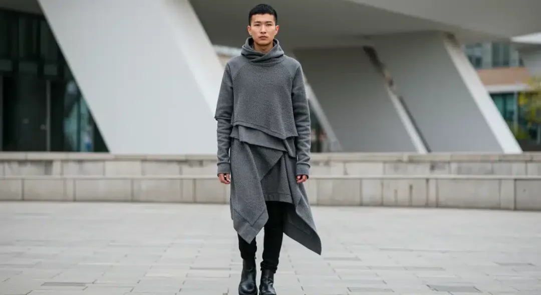 Stylish person in avant-garde fashion walking in an urban setting