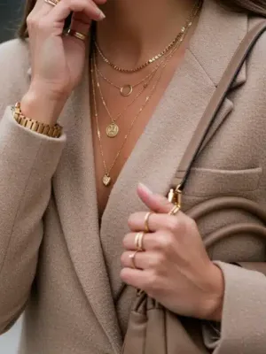 Woman showcasing elevated accessorizing with gold jewelry and structured handbag