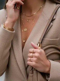 Woman showcasing elevated accessorizing with gold jewelry and structured handbag