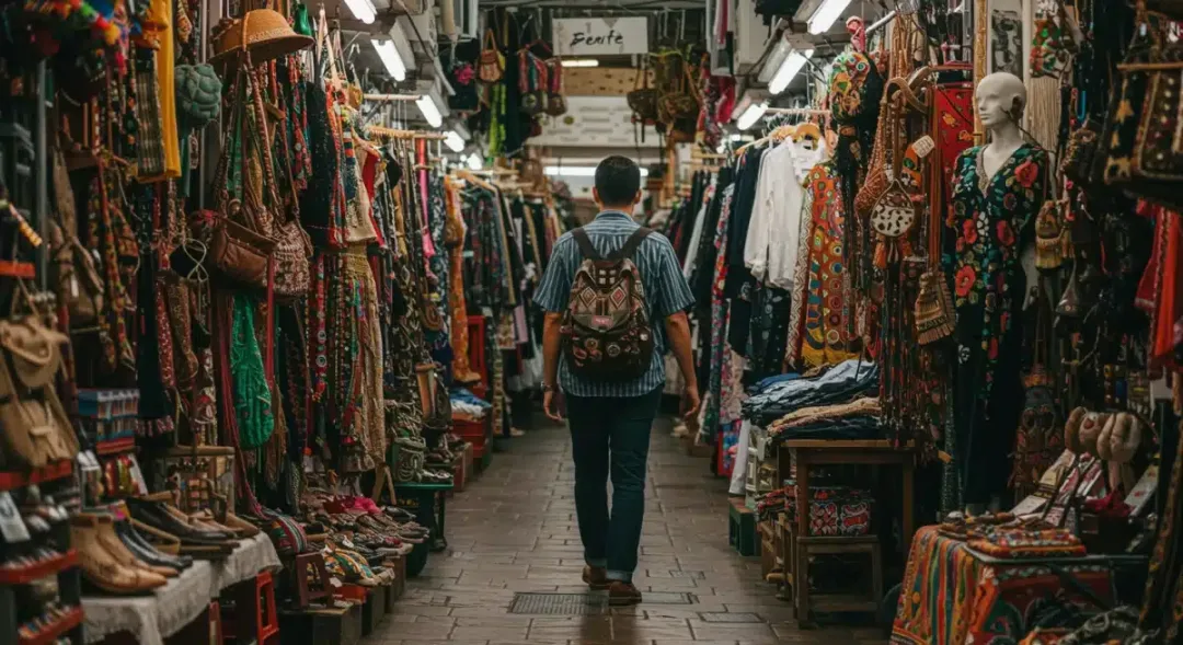 Stylish person exploring an eclectic market for unique fashion