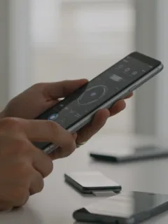 Product tester examining a futuristic smart device in a modern office