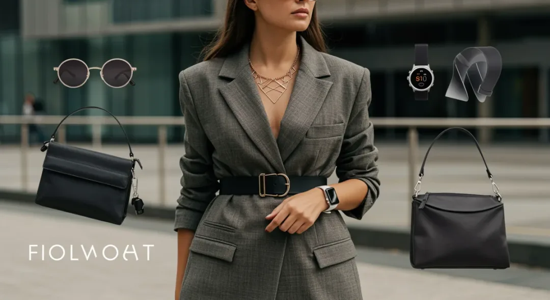Stylish woman showcasing 2026 accessory trends with oversized belt, smartwatch, geometric necklace, sustainable sunglasses, and modular handbag in an urban setting.