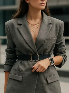 Stylish woman showcasing 2026 accessory trends with oversized belt, smartwatch, geometric necklace, sustainable sunglasses, and modular handbag in an urban setting.