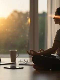 Person meditating for digital wellness amidst blurred tech devices