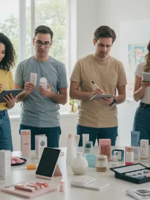 Consumers actively testing a range of new products, from electronics to cosmetics, in a modern home environment.