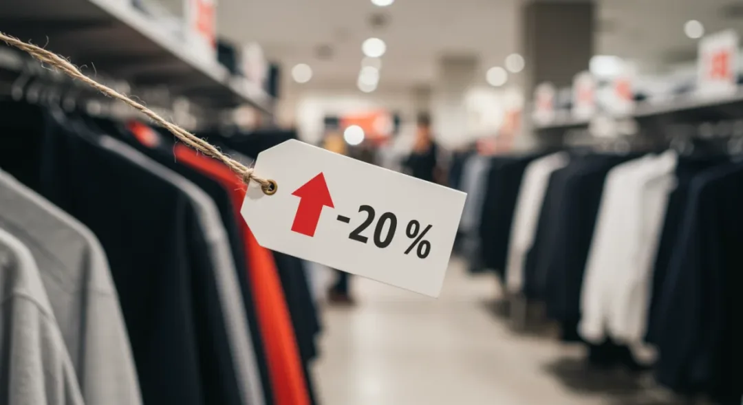 Price tag on clothing showing a 7% increase, symbolizing rising apparel costs.