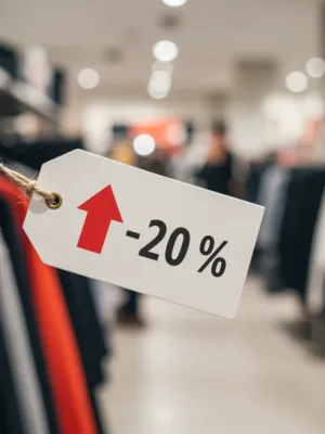 Price tag on clothing showing a 7% increase, symbolizing rising apparel costs.