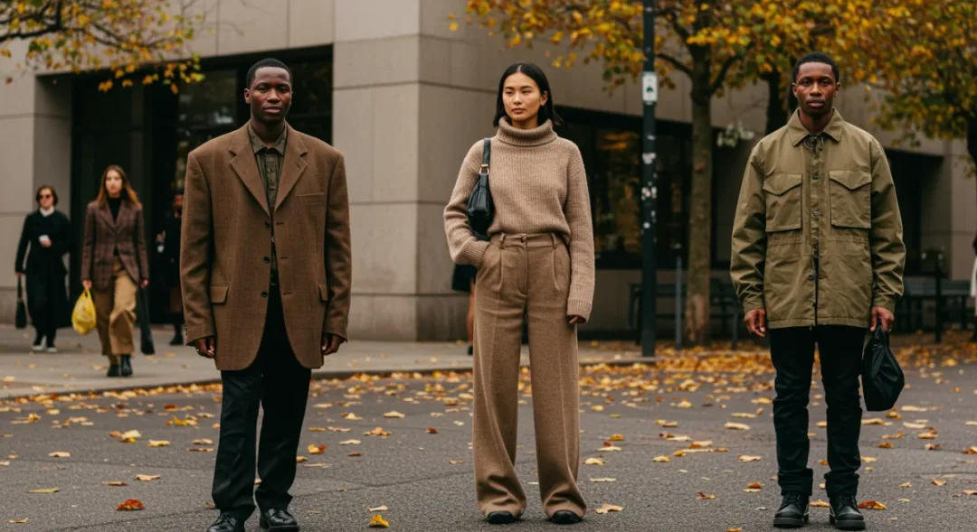 Diverse individuals on a city street showcasing emerging Fall 2026 US street style trends with designer-influenced garments.