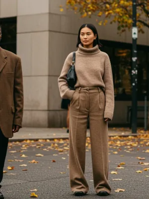 Diverse individuals on a city street showcasing emerging Fall 2026 US street style trends with designer-influenced garments.