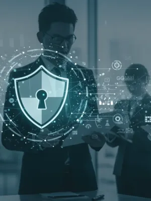 Illustration of FTC online protection shield over digital network