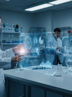 Futuristic lab with holographic displays showing 2026 product testing data for consumer goods