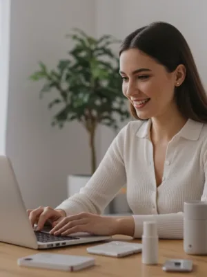 Woman testing products at home, earning money online