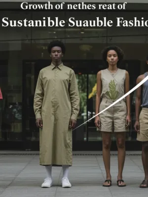 Sustainable fashion brands dominating US market share by 15% in 2026, with models wearing eco-friendly clothing.