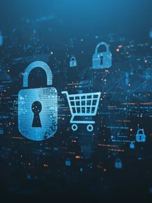 Digital lock and shopping cart symbolizing data privacy in e-commerce
