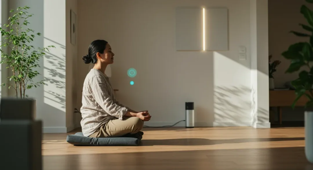 Person meditating peacefully in a modern living room with integrated smart tech for mindful well-being.