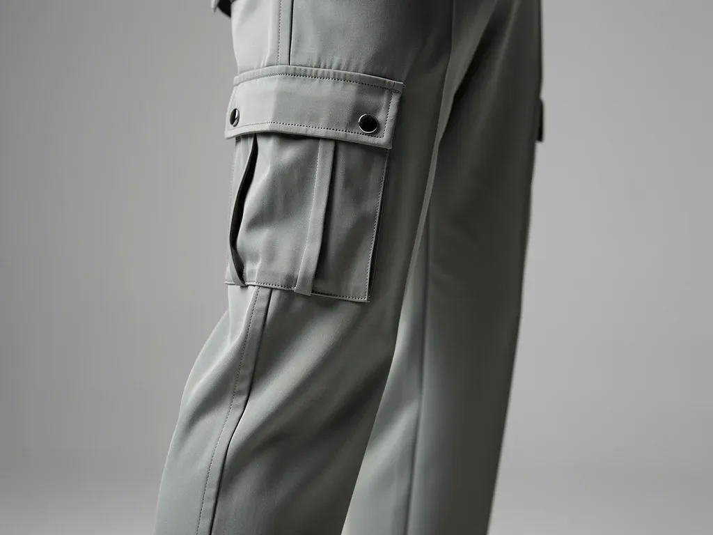 Close-up of luxurious fabric cargo trousers