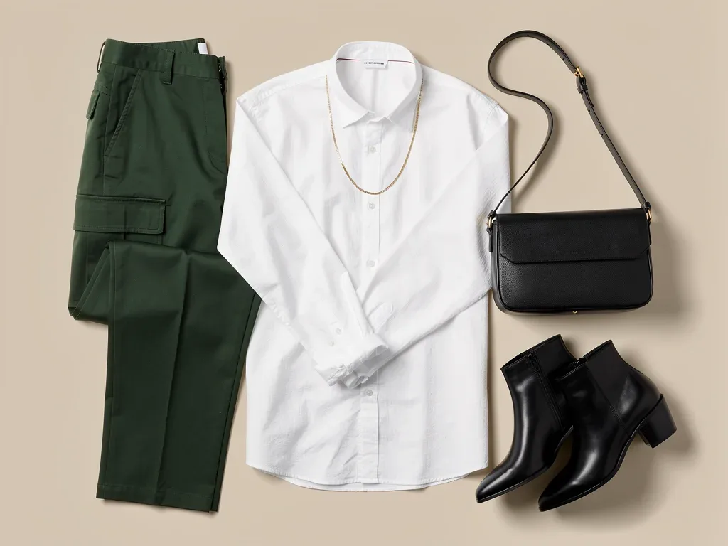 Flat lay of utility luxe outfit with cargo trousers