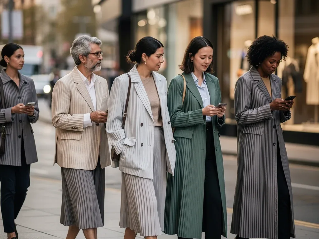 Diverse individuals wearing various pleated outerwear styles in urban setting