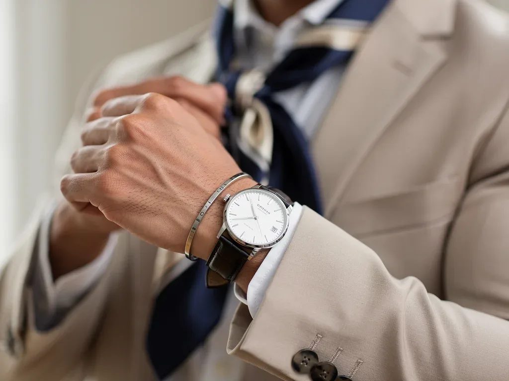 Accessorizing a modern preppy outfit with a watch and scarf
