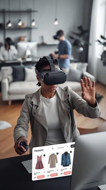 An image showcasing a person wearing a VR headset and browsing a virtual e-commerce store with interactive product displays and personalized recommendations.