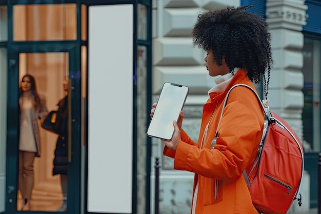 A person holding a smartphone with a targeted advertisement displayed on the screen, showing a special offer for a local store nearby. The background shows a bustling city street.
