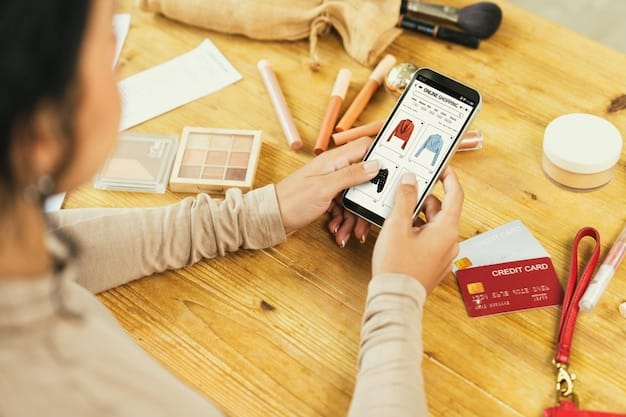 A close-up shot of a smartphone screen displaying a personalized product recommendation within a social media feed. The recommendation should be relevant to the user's past purchases and browsing history, with clear call-to-action buttons like 