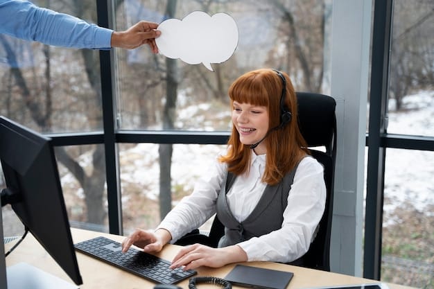 A friendly and helpful customer service agent assisting a customer via live chat. The agent should be smiling and the chat window should display a clear and concise solution to the customer's query.