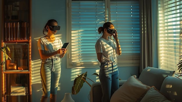 A customer wearing AR glasses and interacting with a virtual storefront projected in their living room. They are reaching out to examine a 3D product model, with AI-powered recommendations displayed on the side, creating a seamless and engaging shopping experience.