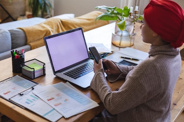 A person sitting at a desk, managing multiple social media accounts on different devices (laptop, tablet, smartphone), showing various social media posts and analytics dashboards.