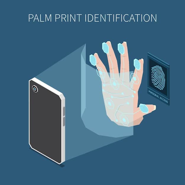 A conceptual illustration showing a fingerprint overlaid on a smartphone screen, with a credit card and shopping cart icons nearby, symbolizing biometric authentication for secure contactless payments in e-commerce.