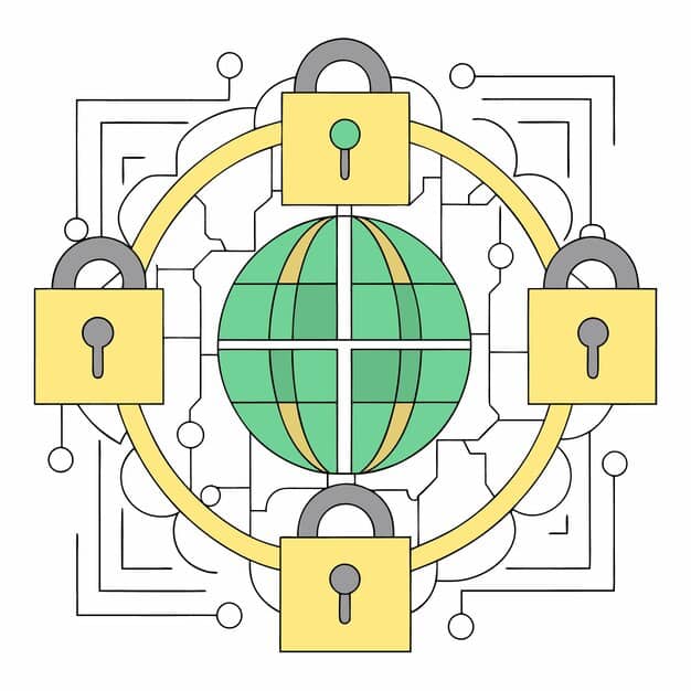 A graphic illustration showing a padlock symbol surrounded by digital data streams, with icons representing credit cards, smartphones, and secure payment gateways, symbolizing the importance of security and fraud prevention in contactless payments.