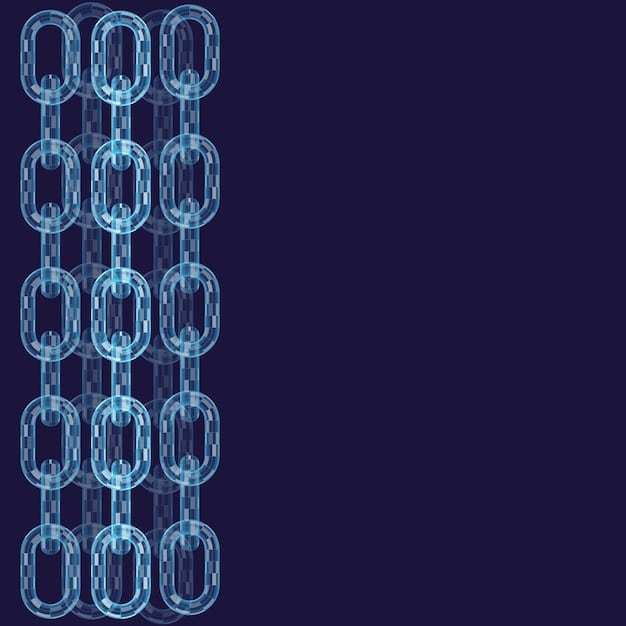 A visual representation of a blockchain, with interconnected blocks forming a chain. Each block contains transaction data, cryptographic hashes, and timestamps, illustrating the security and transparency of the technology.
